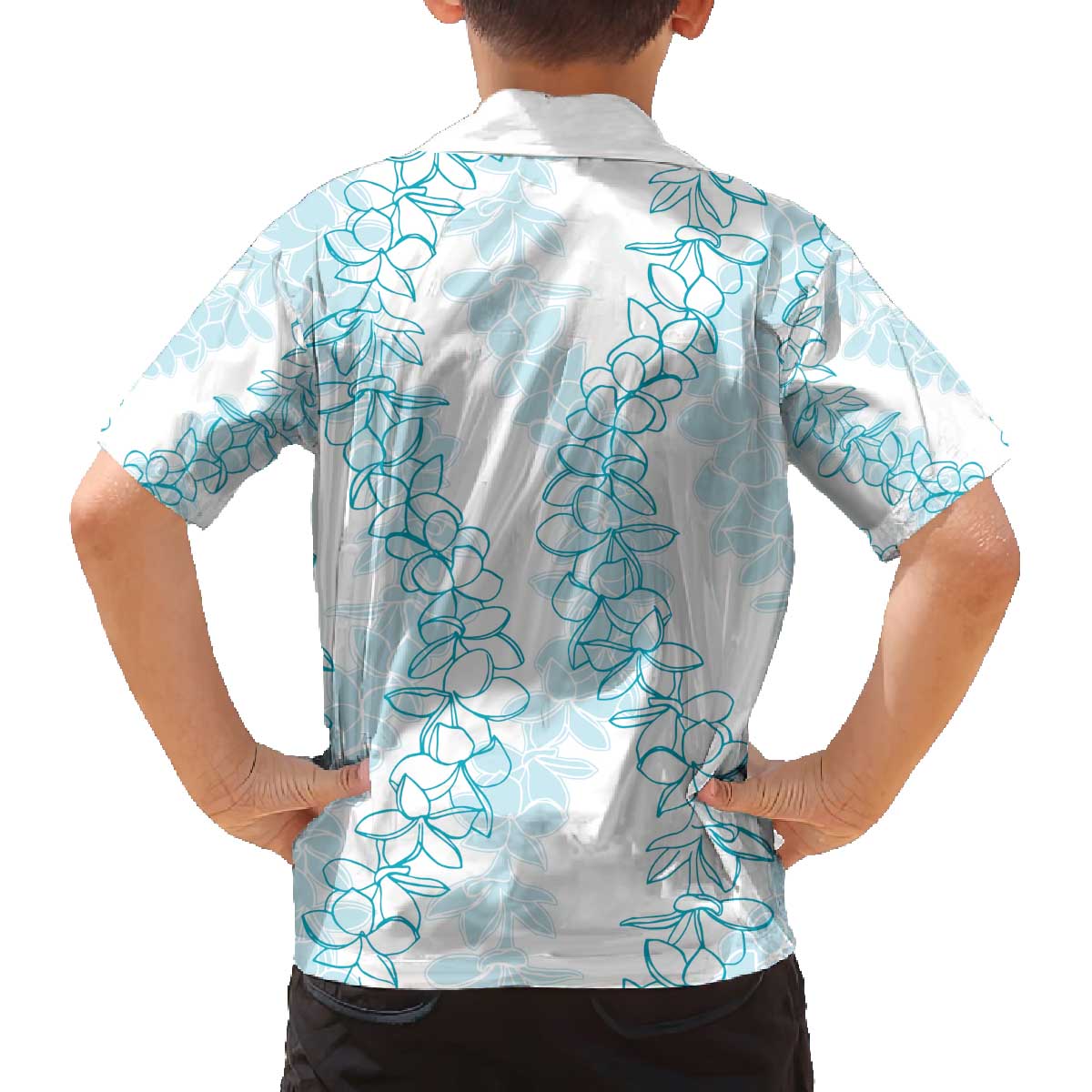 Hawaii Plumeria Lei Family Matching Off Shoulder Short Dress and Hawaiian Shirt Aloha Festive Vibe - Turquoise LT7 - Polynesian Pride