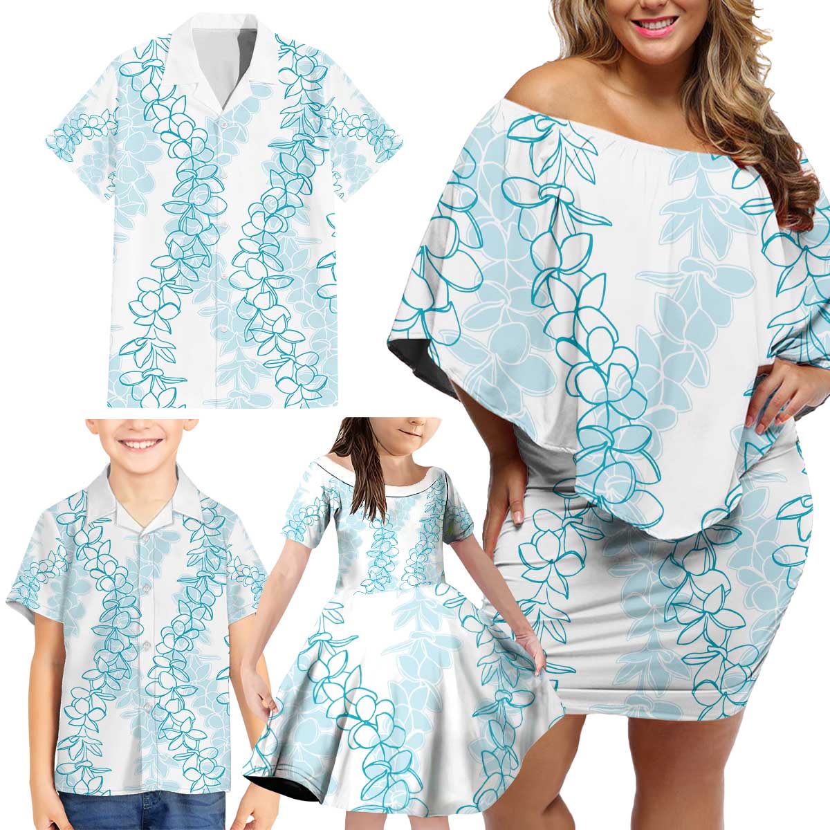 Hawaii Plumeria Lei Family Matching Off Shoulder Short Dress and Hawaiian Shirt Aloha Festive Vibe - Turquoise