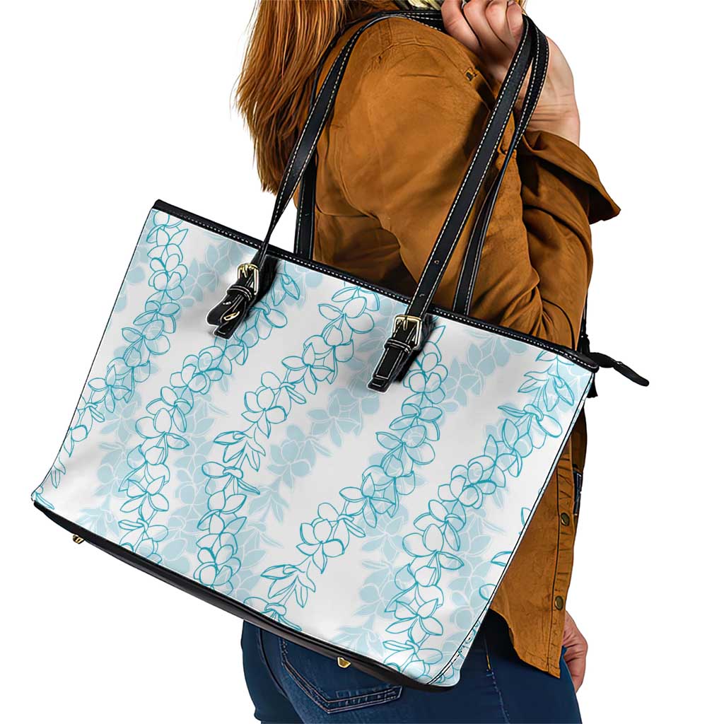 Hawaii Plumeria Lei Leather Tote Bag Aloha Festive Vibe - Turquoise LT7 - Polynesian Pride