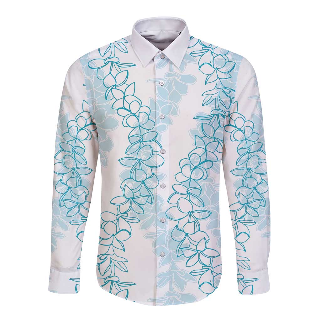 Hawaii Plumeria Lei Long Sleeve Button Shirt Aloha Festive Vibe - Turquoise