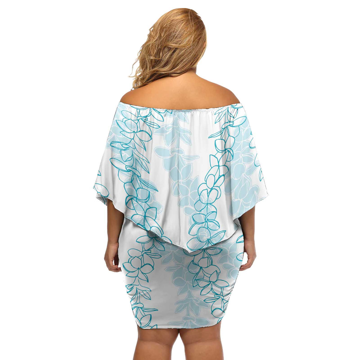 Hawaii Plumeria Lei Off Shoulder Short Dress Aloha Festive Vibe - Turquoise LT7 - Polynesian Pride