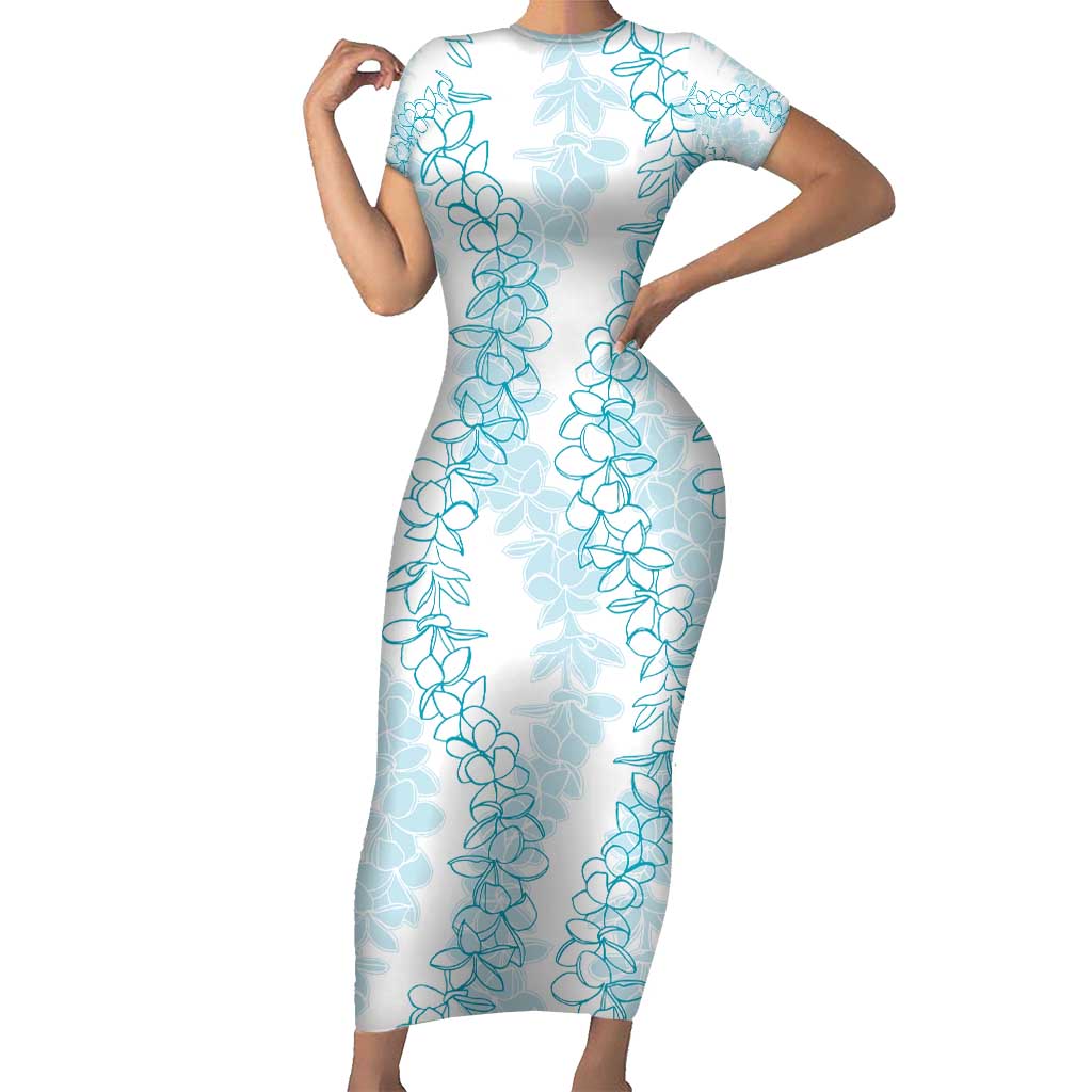 Hawaii Plumeria Lei Short Sleeve Bodycon Dress Aloha Festive Vibe - Turquoise