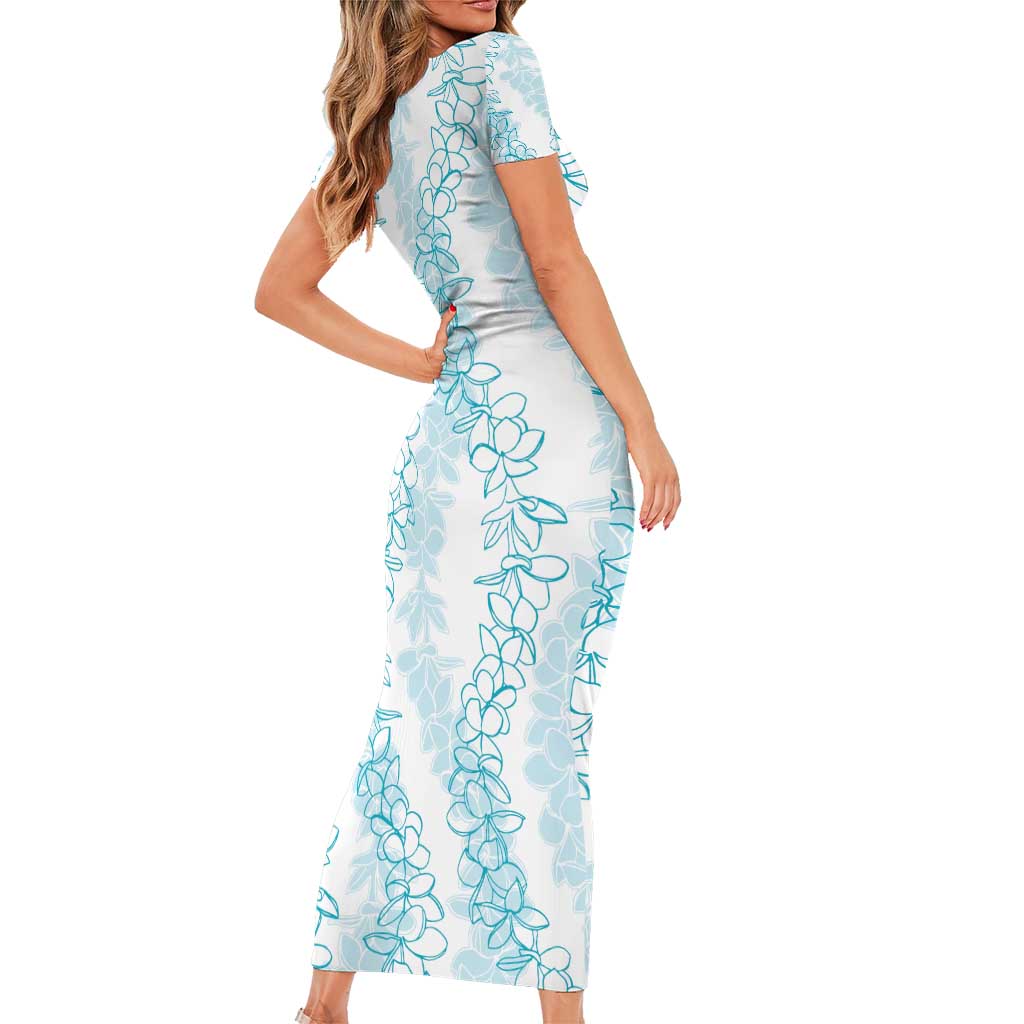 Hawaii Plumeria Lei Short Sleeve Bodycon Dress Aloha Festive Vibe - Turquoise