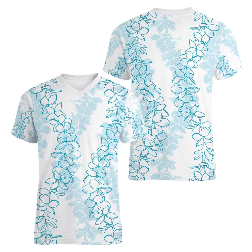 Hawaii Plumeria Lei Women V-Neck T-Shirt Aloha Festive Vibe - Turquoise