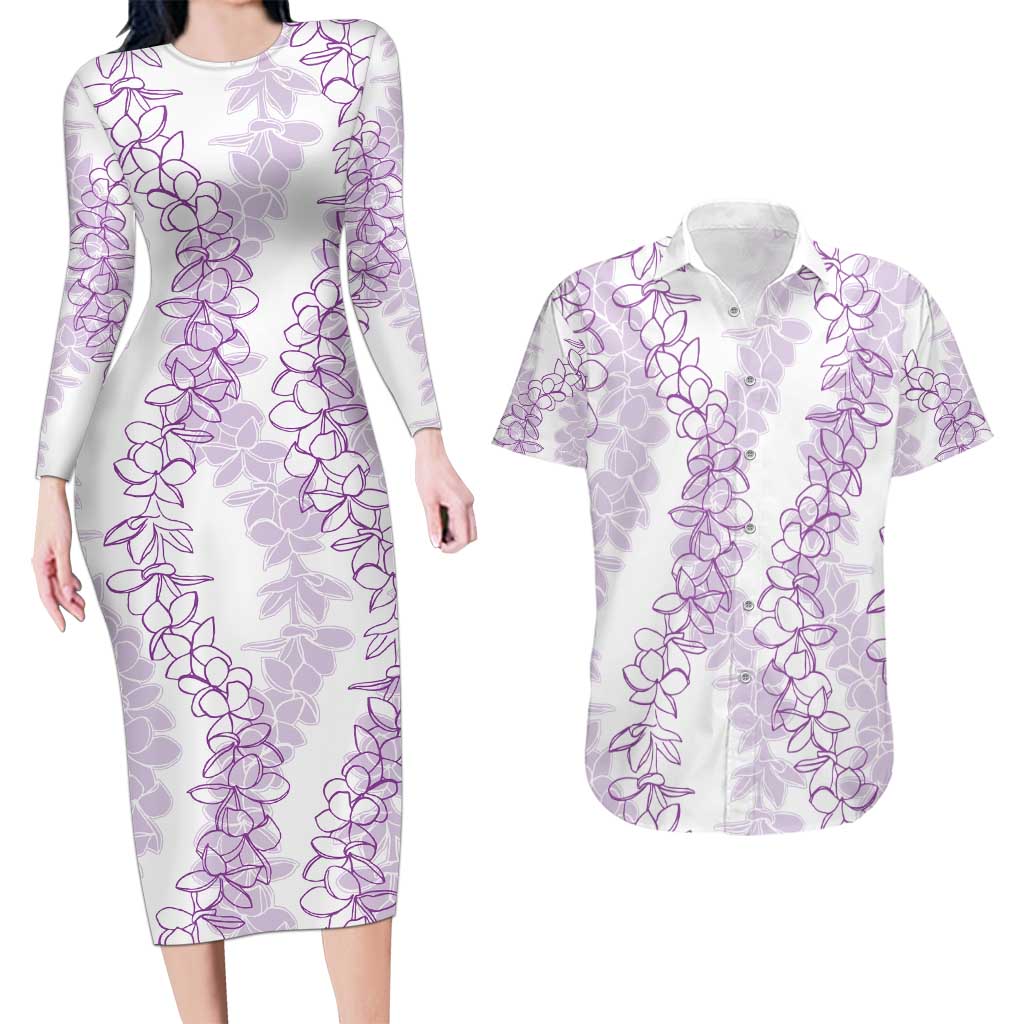 Hawaii Plumeria Lei Couples Matching Long Sleeve Bodycon Dress and Hawaiian Shirt Aloha Festive Vibe - Amethyst