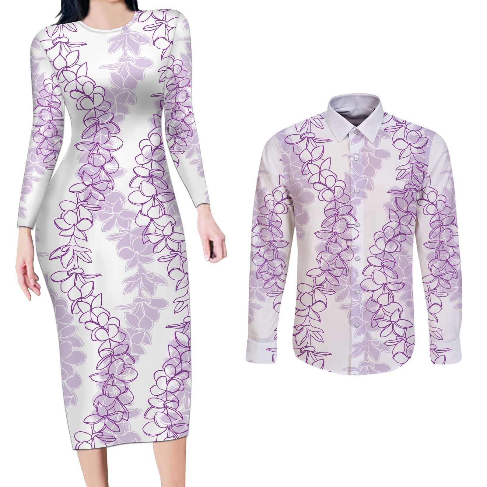 Hawaii Plumeria Lei Couples Matching Long Sleeve Bodycon Dress and Long Sleeve Button Shirt Aloha Festive Vibe - Amethyst LT7 Amethyst - Polynesian Pride