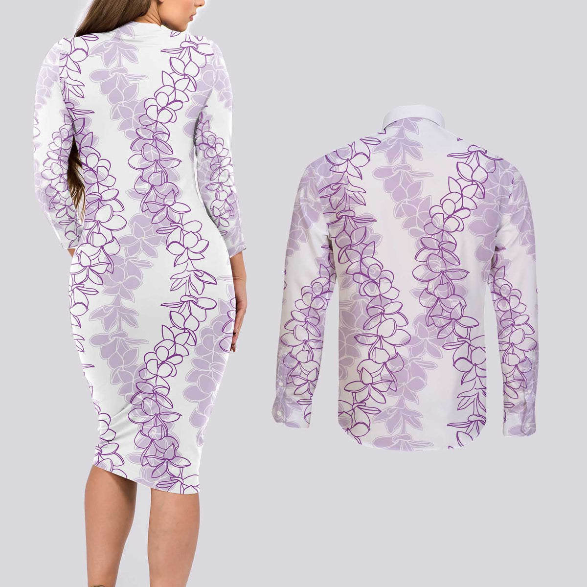 Hawaii Plumeria Lei Couples Matching Long Sleeve Bodycon Dress and Long Sleeve Button Shirt Aloha Festive Vibe - Amethyst