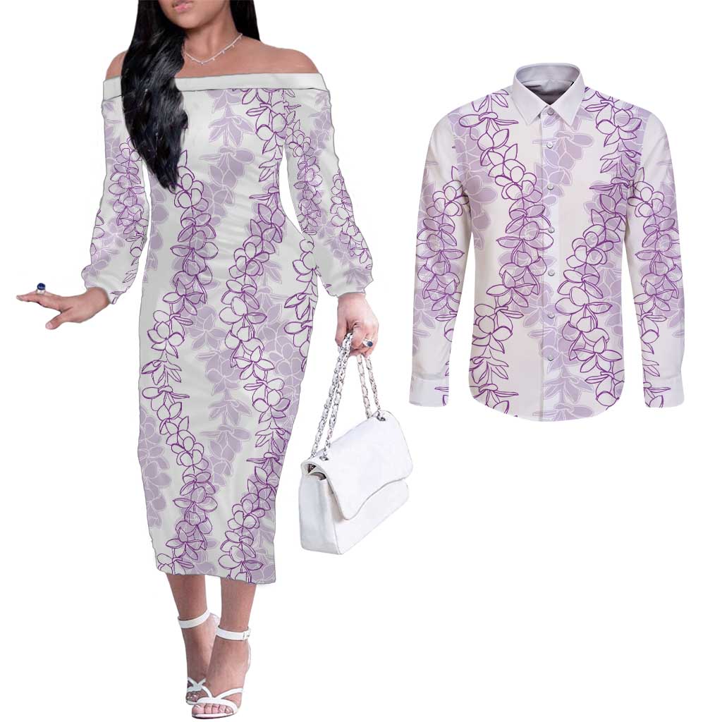 Hawaii Plumeria Lei Couples Matching Off The Shoulder Long Sleeve Dress and Long Sleeve Button Shirt Aloha Festive Vibe - Amethyst LT7 Amethyst - Polynesian Pride