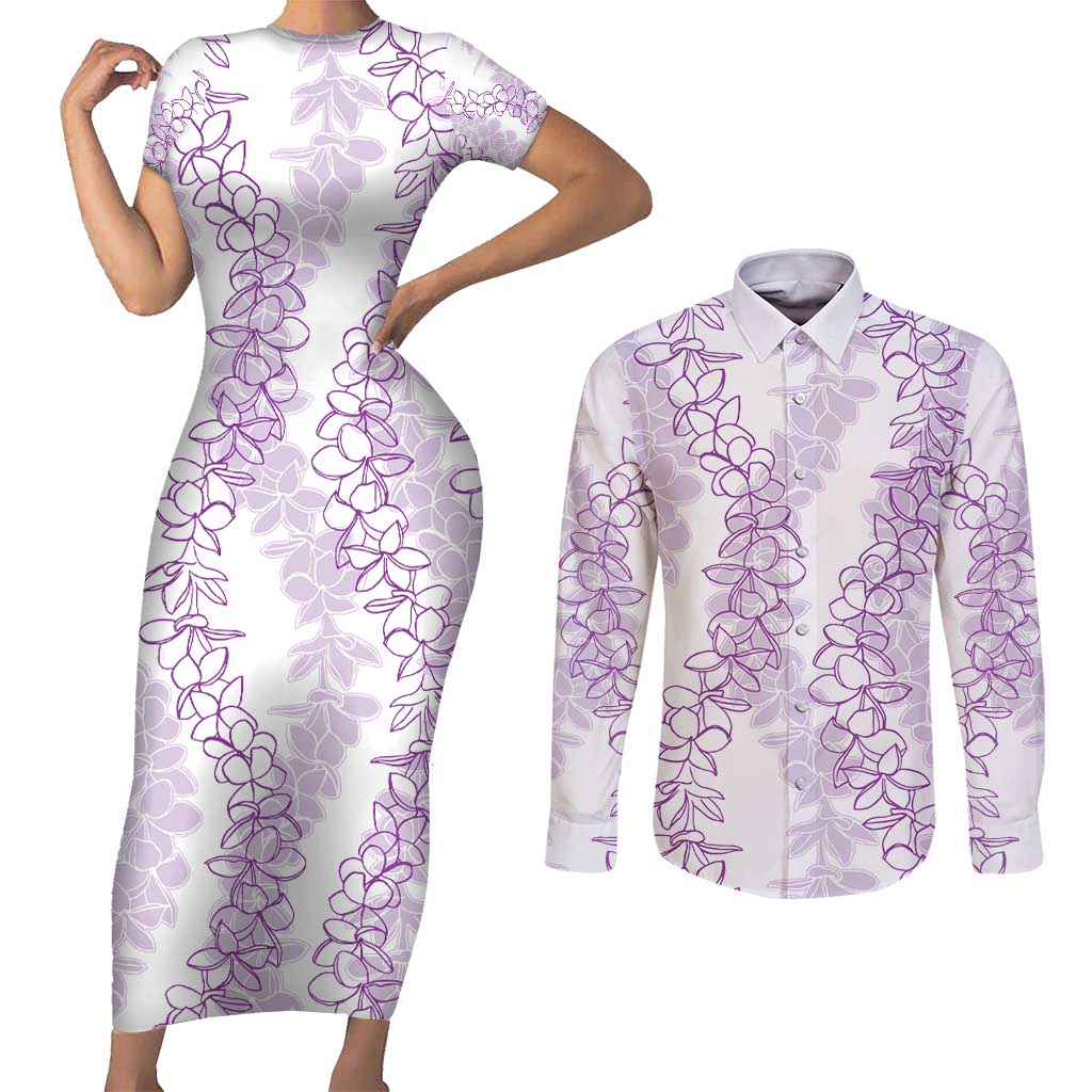 Hawaii Plumeria Lei Couples Matching Short Sleeve Bodycon Dress and Long Sleeve Button Shirt Aloha Festive Vibe - Amethyst LT7 Amethyst - Polynesian Pride