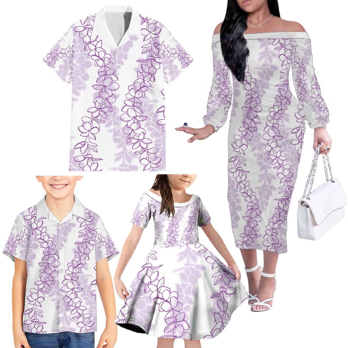 Hawaii Plumeria Lei Family Matching Off The Shoulder Long Sleeve Dress and Hawaiian Shirt Aloha Festive Vibe - Amethyst