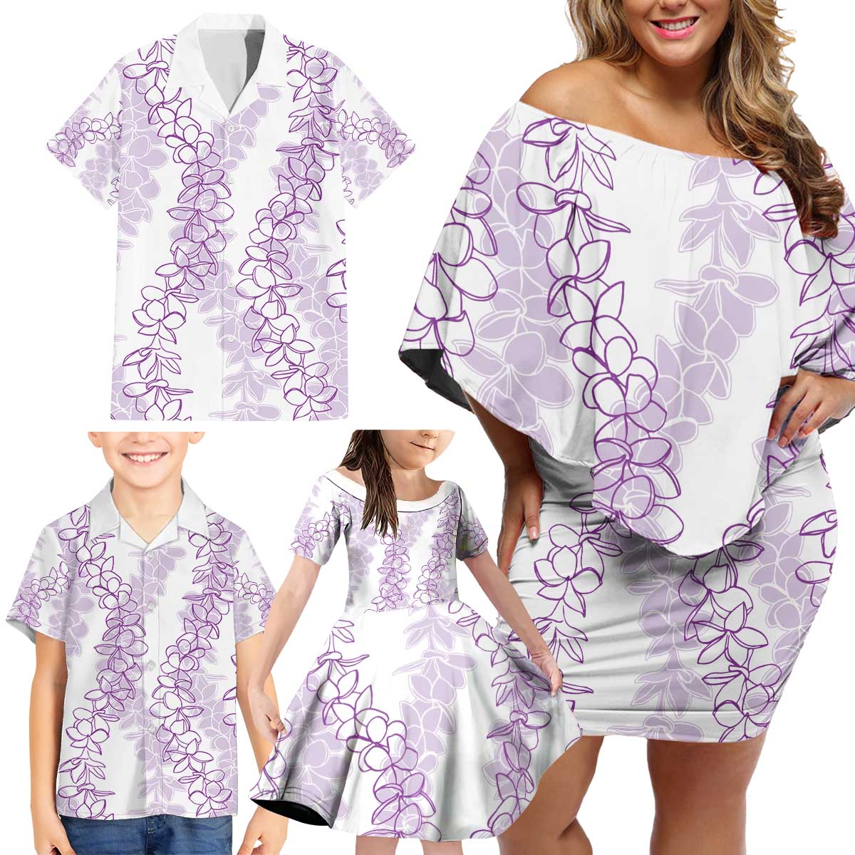 Hawaii Plumeria Lei Family Matching Off Shoulder Short Dress and Hawaiian Shirt Aloha Festive Vibe - Amethyst