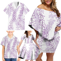 Hawaii Plumeria Lei Family Matching Off Shoulder Short Dress and Hawaiian Shirt Aloha Festive Vibe - Amethyst