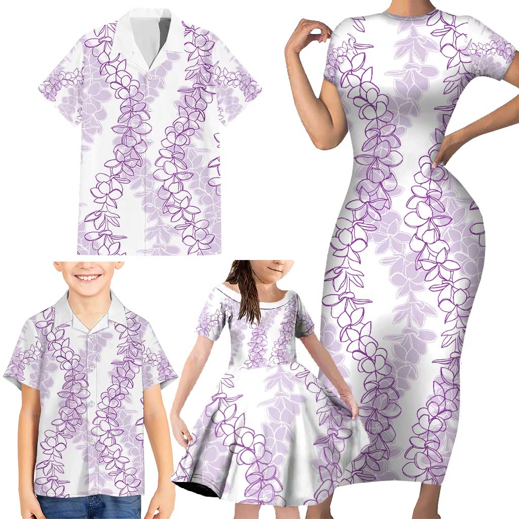 Hawaii Plumeria Lei Family Matching Short Sleeve Bodycon Dress and Hawaiian Shirt Aloha Festive Vibe - Amethyst