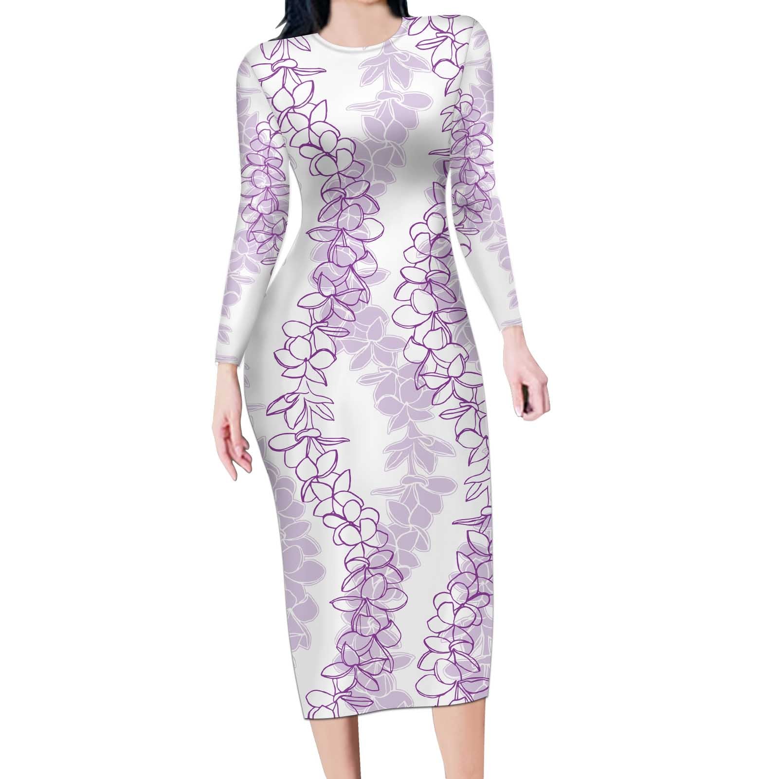 Hawaii Plumeria Lei Long Sleeve Bodycon Dress Aloha Festive Vibe - Amethyst