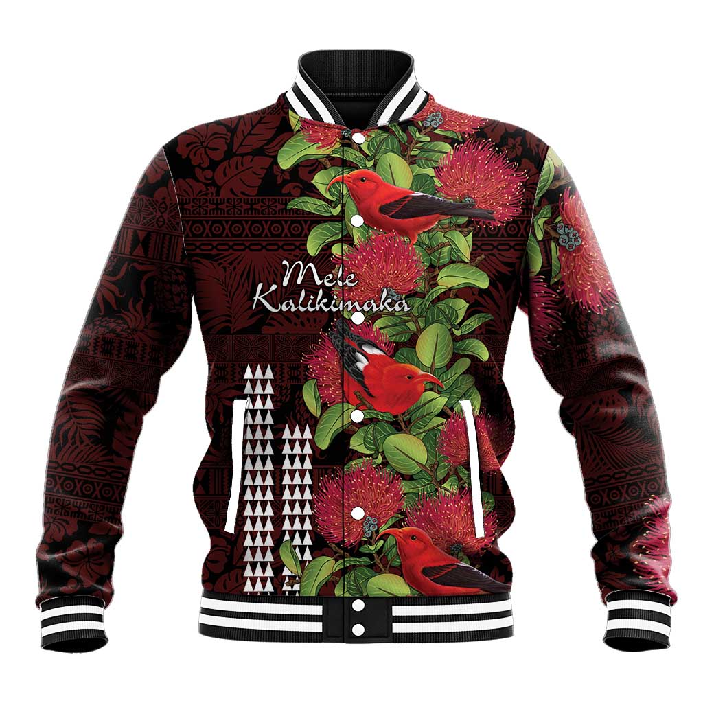 Hawaii Mele Kalikimaka Kakau Baseball Jacket I'iwi Bird on Ohia Lehua LT7 Unisex Black Red - Polynesian Pride