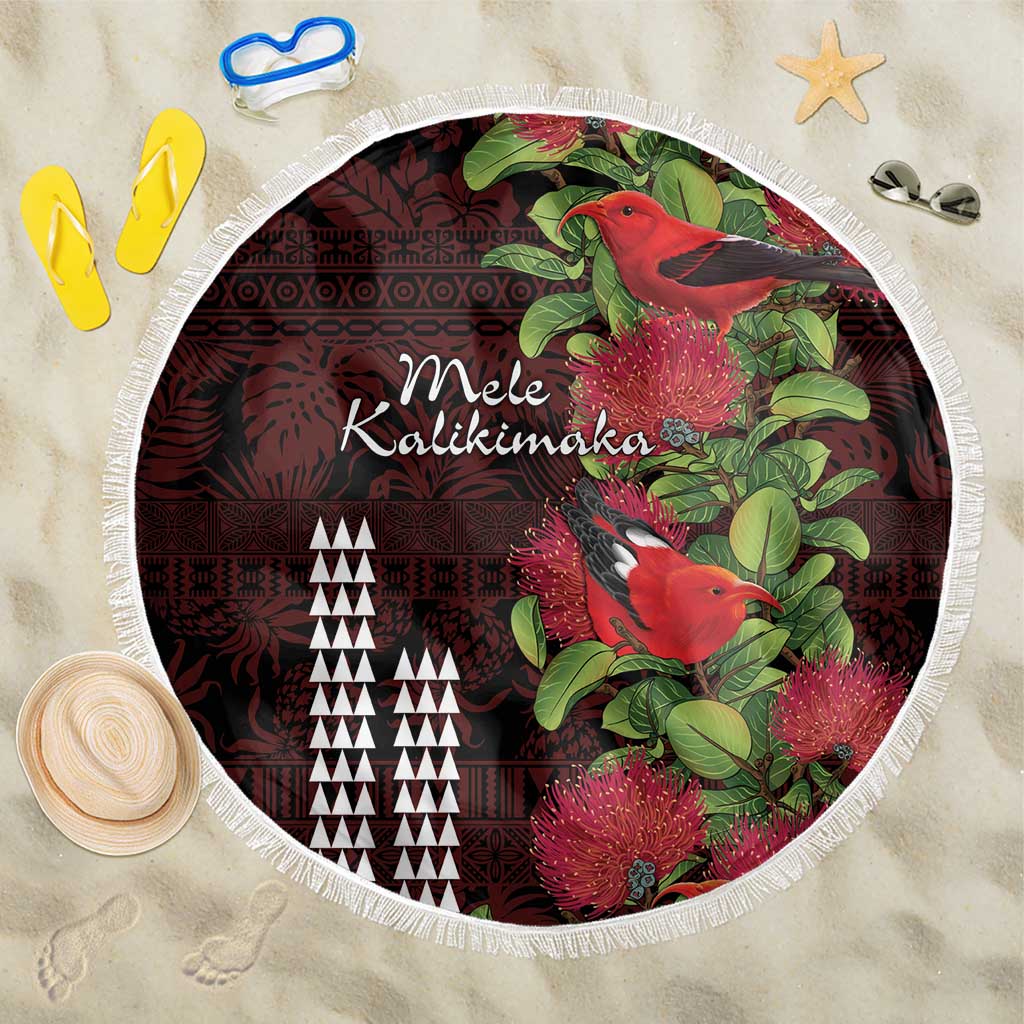 Hawaii Mele Kalikimaka Kakau Beach Blanket I'iwi Bird on Ohia Lehua LT7 One Size 150cm Black Red - Polynesian Pride