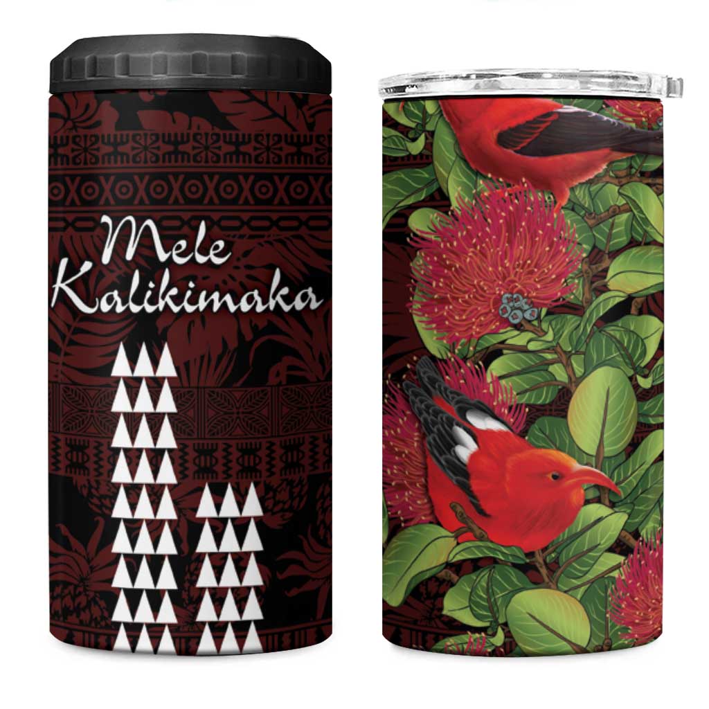 Hawaii Mele Kalikimaka Kakau 4 in 1 Can Cooler Tumbler I'iwi Bird on Ohia Lehua