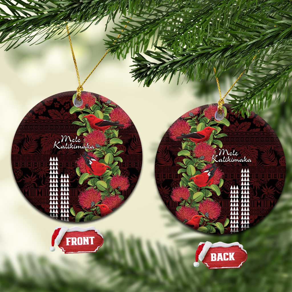 Hawaii Mele Kalikimaka Kakau Ceramic Ornament I'iwi Bird on Ohia Lehua LT7 Circle Black Red - Polynesian Pride