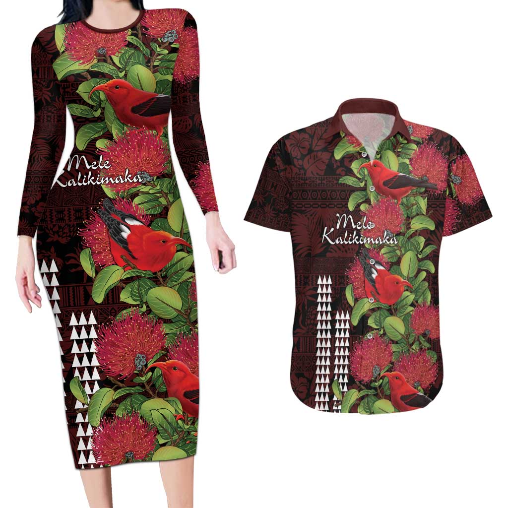 Hawaii Mele Kalikimaka Kakau Couples Matching Long Sleeve Bodycon Dress and Hawaiian Shirt I'iwi Bird on Ohia Lehua LT7 Black Red - Polynesian Pride