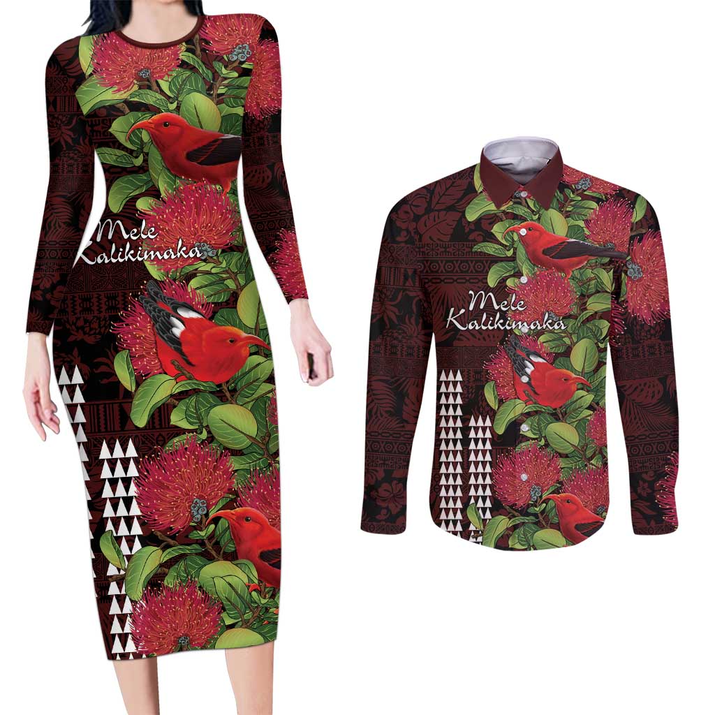 Hawaii Mele Kalikimaka Kakau Couples Matching Long Sleeve Bodycon Dress and Long Sleeve Button Shirt I'iwi Bird on Ohia Lehua LT7 Black Red - Polynesian Pride