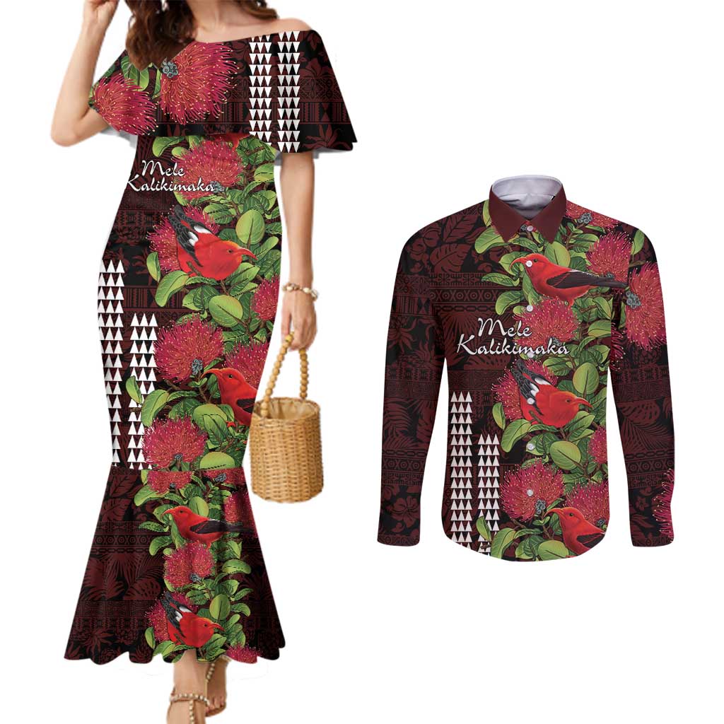 Hawaii Mele Kalikimaka Kakau Couples Matching Mermaid Dress and Long Sleeve Button Shirt I'iwi Bird on Ohia Lehua LT7 Black Red - Polynesian Pride
