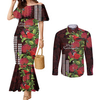 Hawaii Mele Kalikimaka Kakau Couples Matching Mermaid Dress and Long Sleeve Button Shirt I'iwi Bird on Ohia Lehua