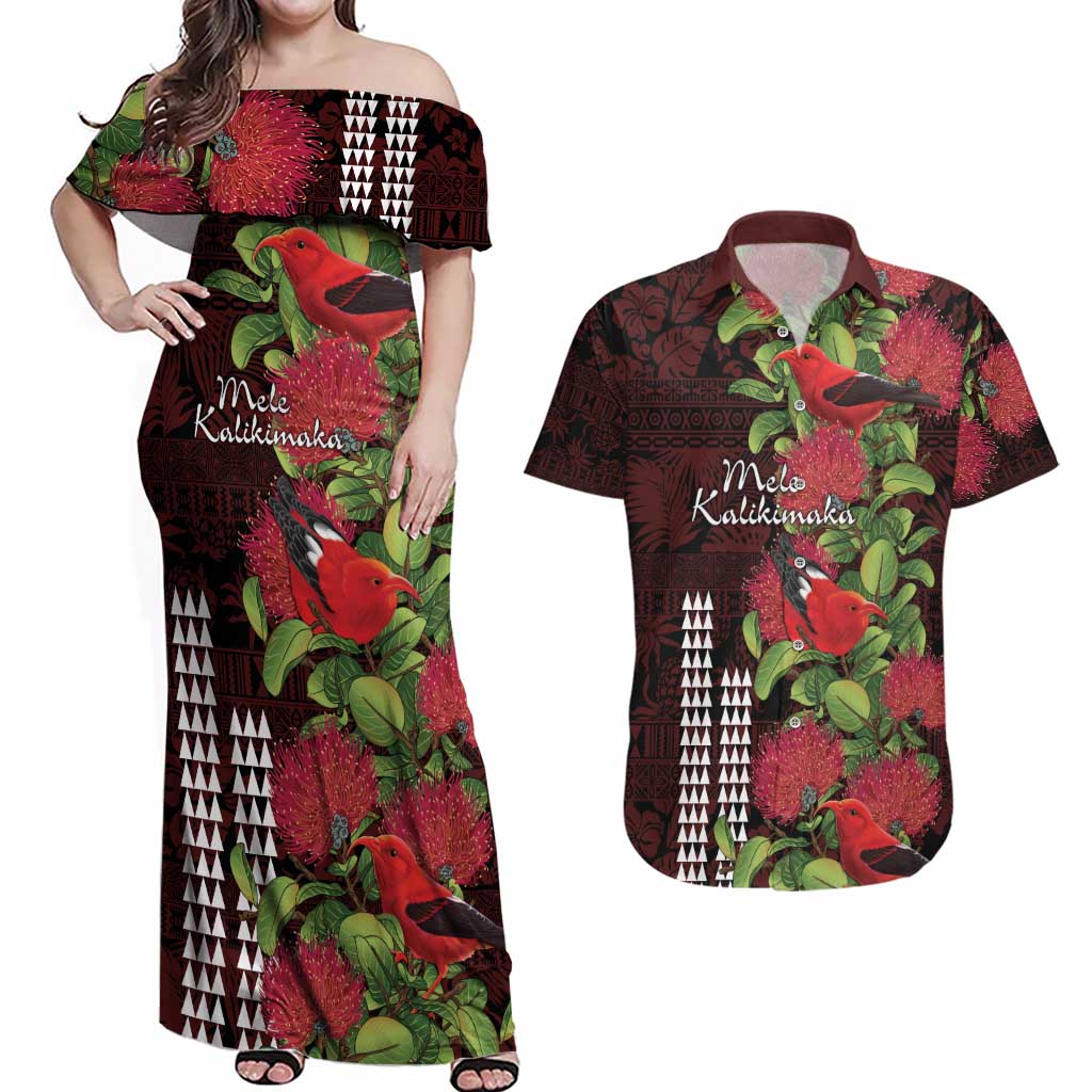 Hawaii Mele Kalikimaka Kakau Couples Matching Off Shoulder Maxi Dress and Hawaiian Shirt I'iwi Bird on Ohia Lehua