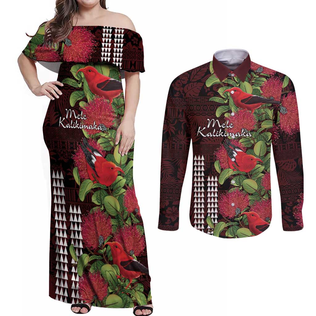 Hawaii Mele Kalikimaka Kakau Couples Matching Off Shoulder Maxi Dress and Long Sleeve Button Shirt I'iwi Bird on Ohia Lehua LT7 Black Red - Polynesian Pride
