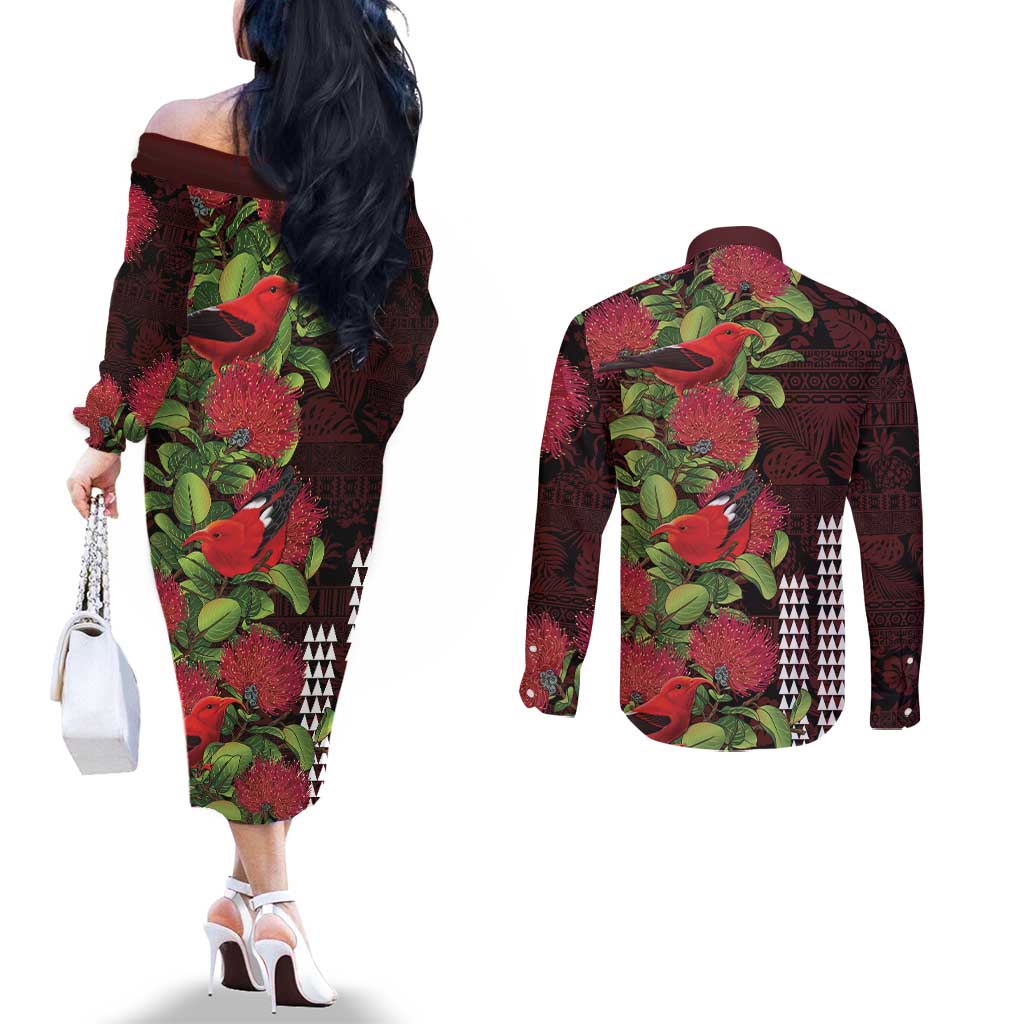 Hawaii Mele Kalikimaka Kakau Couples Matching Off The Shoulder Long Sleeve Dress and Long Sleeve Button Shirt I'iwi Bird on Ohia Lehua