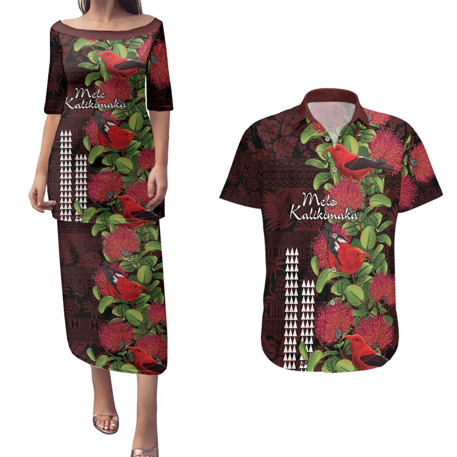 Hawaii Mele Kalikimaka Kakau Couples Matching Puletasi and Hawaiian Shirt I'iwi Bird on Ohia Lehua LT7 Black Red - Polynesian Pride