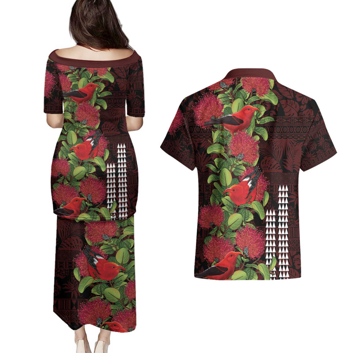 Hawaii Mele Kalikimaka Kakau Couples Matching Puletasi and Hawaiian Shirt I'iwi Bird on Ohia Lehua
