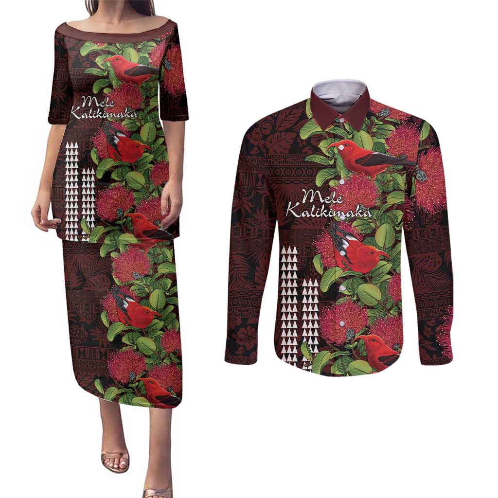Hawaii Mele Kalikimaka Kakau Couples Matching Puletasi and Long Sleeve Button Shirt I'iwi Bird on Ohia Lehua LT7 Black Red - Polynesian Pride