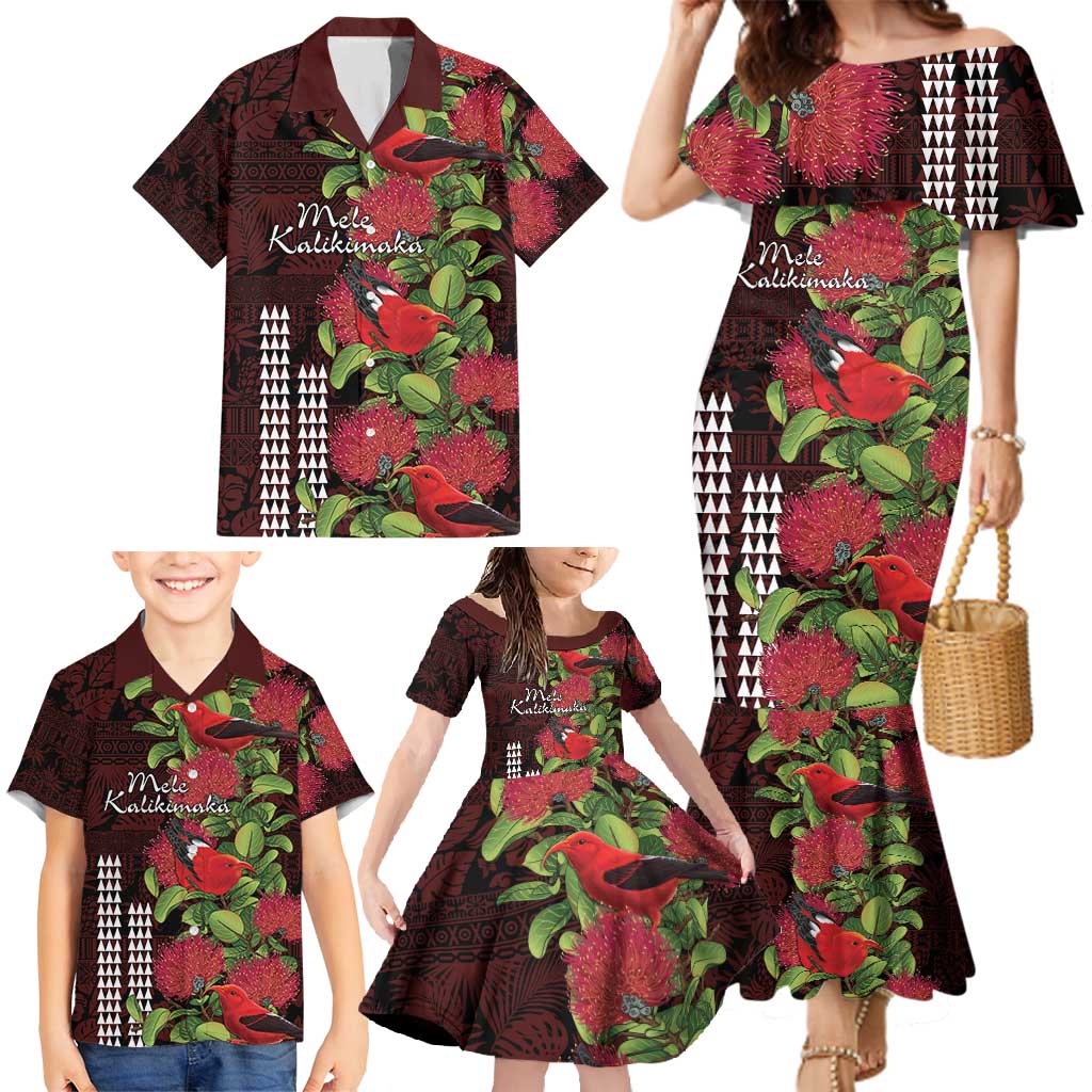 Hawaii Mele Kalikimaka Kakau Family Matching Mermaid Dress and Hawaiian Shirt I'iwi Bird on Ohia Lehua LT7 - Polynesian Pride