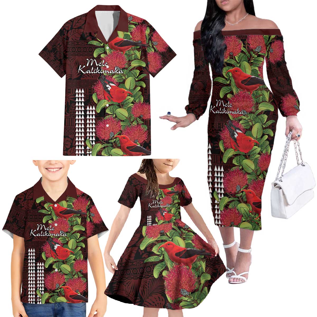 Hawaii Mele Kalikimaka Kakau Family Matching Off The Shoulder Long Sleeve Dress and Hawaiian Shirt I'iwi Bird on Ohia Lehua