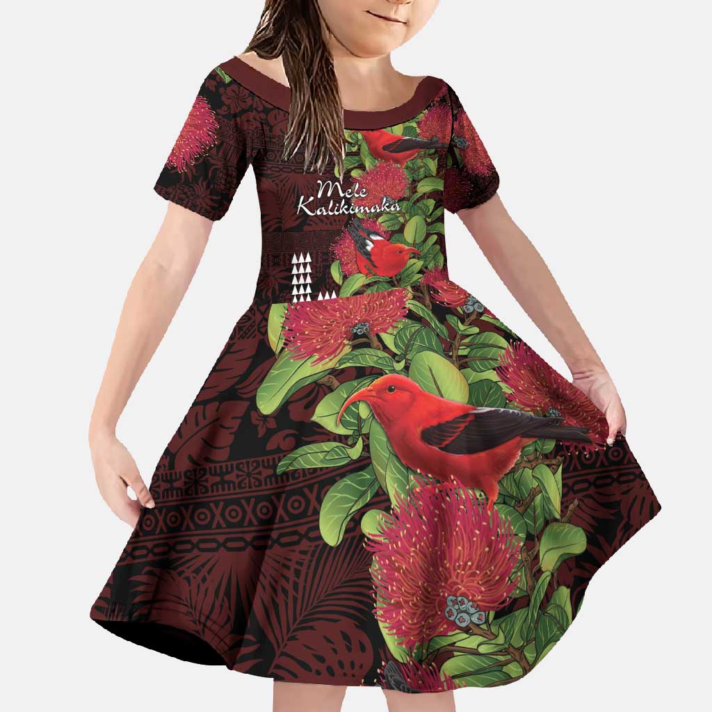 Hawaii Mele Kalikimaka Kakau Family Matching Off Shoulder Maxi Dress and Hawaiian Shirt I'iwi Bird on Ohia Lehua