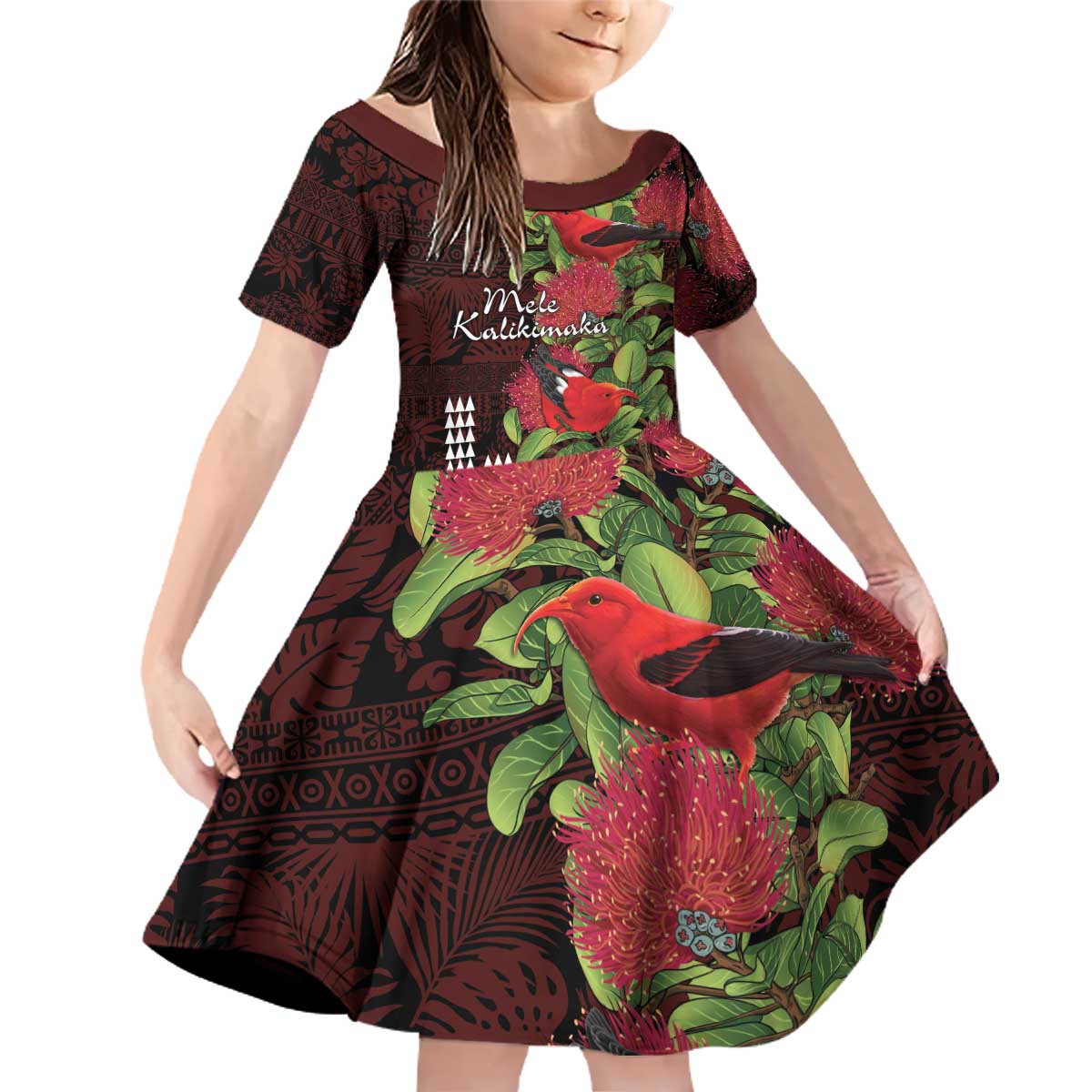 Hawaii Mele Kalikimaka Kakau Family Matching Off Shoulder Short Dress and Hawaiian Shirt I'iwi Bird on Ohia Lehua