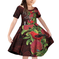 Hawaii Mele Kalikimaka Kakau Family Matching Off Shoulder Short Dress and Hawaiian Shirt I'iwi Bird on Ohia Lehua