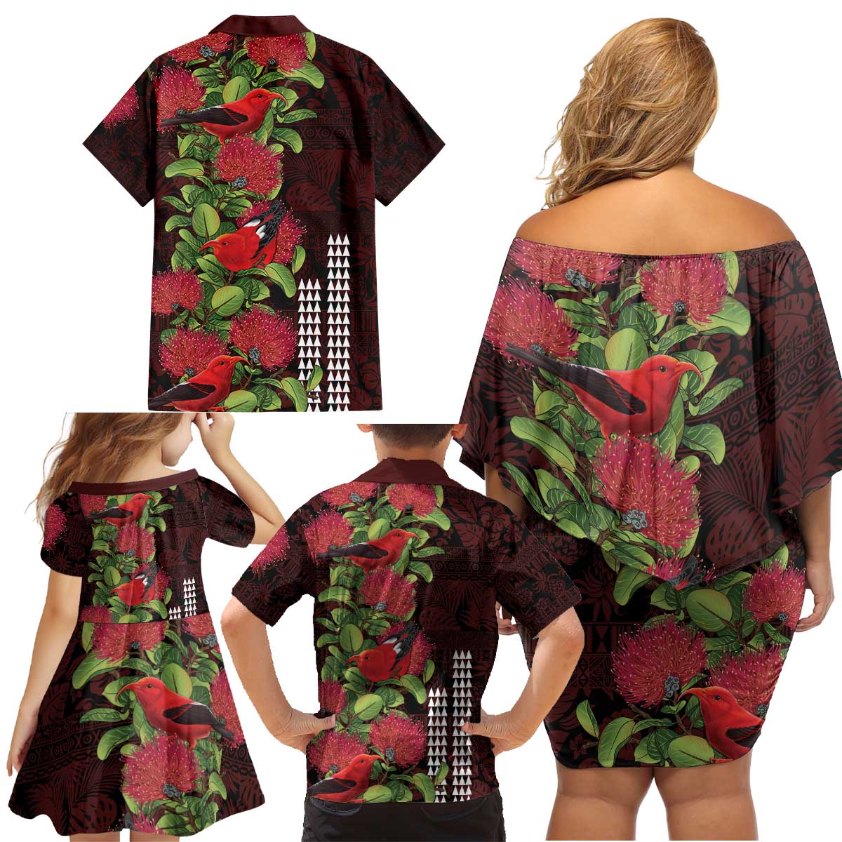 Hawaii Mele Kalikimaka Kakau Family Matching Off Shoulder Short Dress and Hawaiian Shirt I'iwi Bird on Ohia Lehua LT7 - Polynesian Pride
