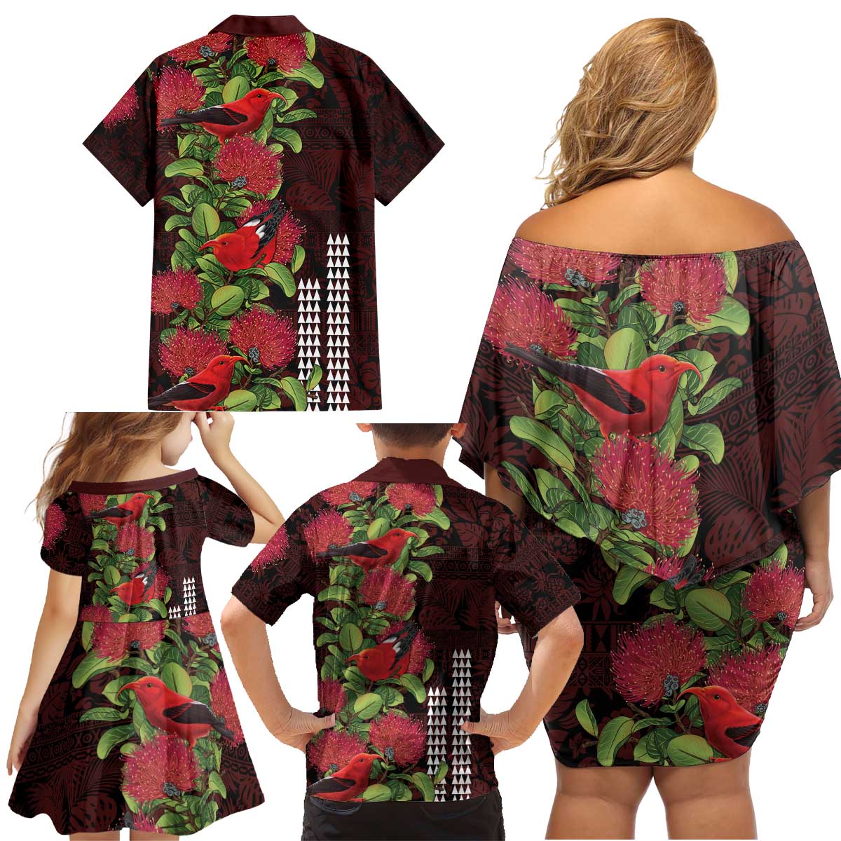 Hawaii Mele Kalikimaka Kakau Family Matching Off Shoulder Short Dress and Hawaiian Shirt I'iwi Bird on Ohia Lehua