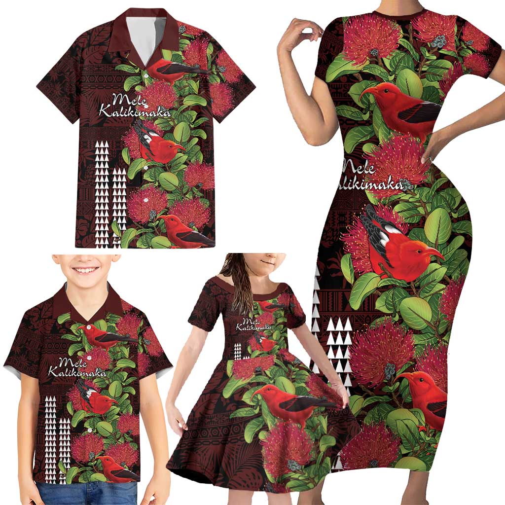 Hawaii Mele Kalikimaka Kakau Family Matching Short Sleeve Bodycon Dress and Hawaiian Shirt I'iwi Bird on Ohia Lehua