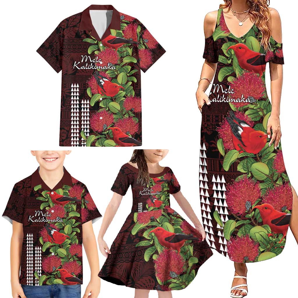 Hawaii Mele Kalikimaka Kakau Family Matching Summer Maxi Dress and Hawaiian Shirt I'iwi Bird on Ohia Lehua LT7 - Polynesian Pride