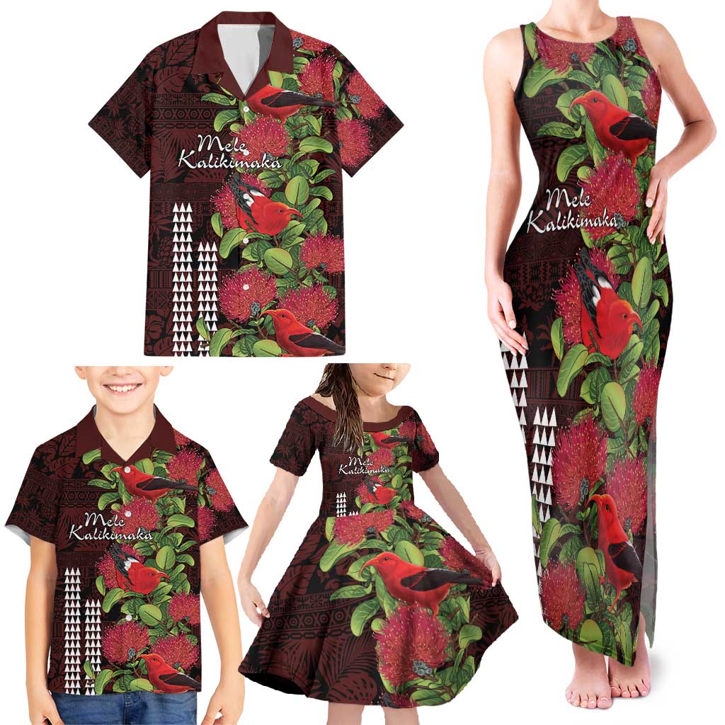 Hawaii Mele Kalikimaka Kakau Family Matching Tank Maxi Dress and Hawaiian Shirt I'iwi Bird on Ohia Lehua LT7 - Polynesian Pride