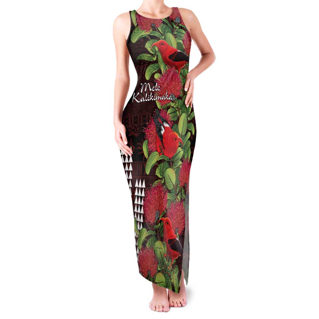 Hawaii Mele Kalikimaka Kakau Family Matching Tank Maxi Dress and Hawaiian Shirt I'iwi Bird on Ohia Lehua