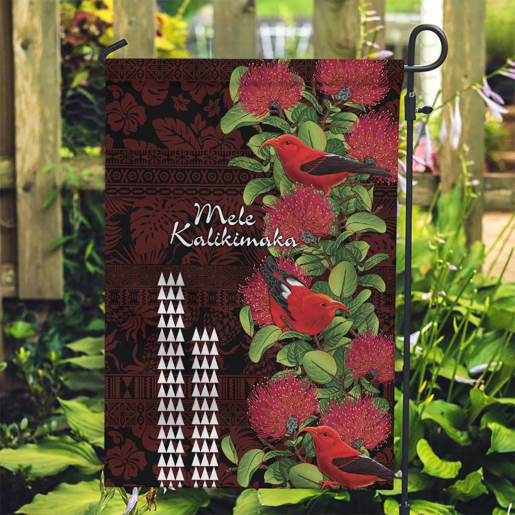Hawaii Mele Kalikimaka Kakau Garden Flag I'iwi Bird on Ohia Lehua LT7 Garden Flag Black Red - Polynesian Pride