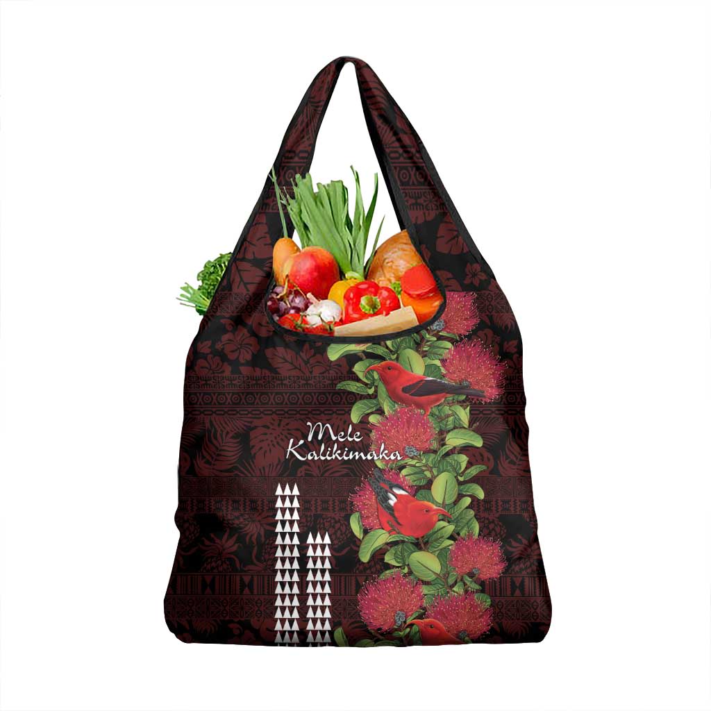 Hawaii Mele Kalikimaka Kakau Grocery Bag I'iwi Bird on Ohia Lehua LT7 1-pack One Size Black Red - Polynesian Pride