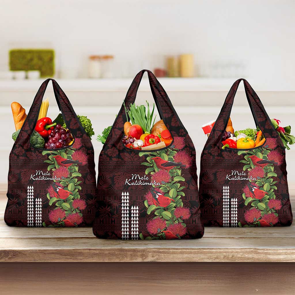 Hawaii Mele Kalikimaka Kakau Grocery Bag I'iwi Bird on Ohia Lehua LT7 3-pack One Size Black Red - Polynesian Pride