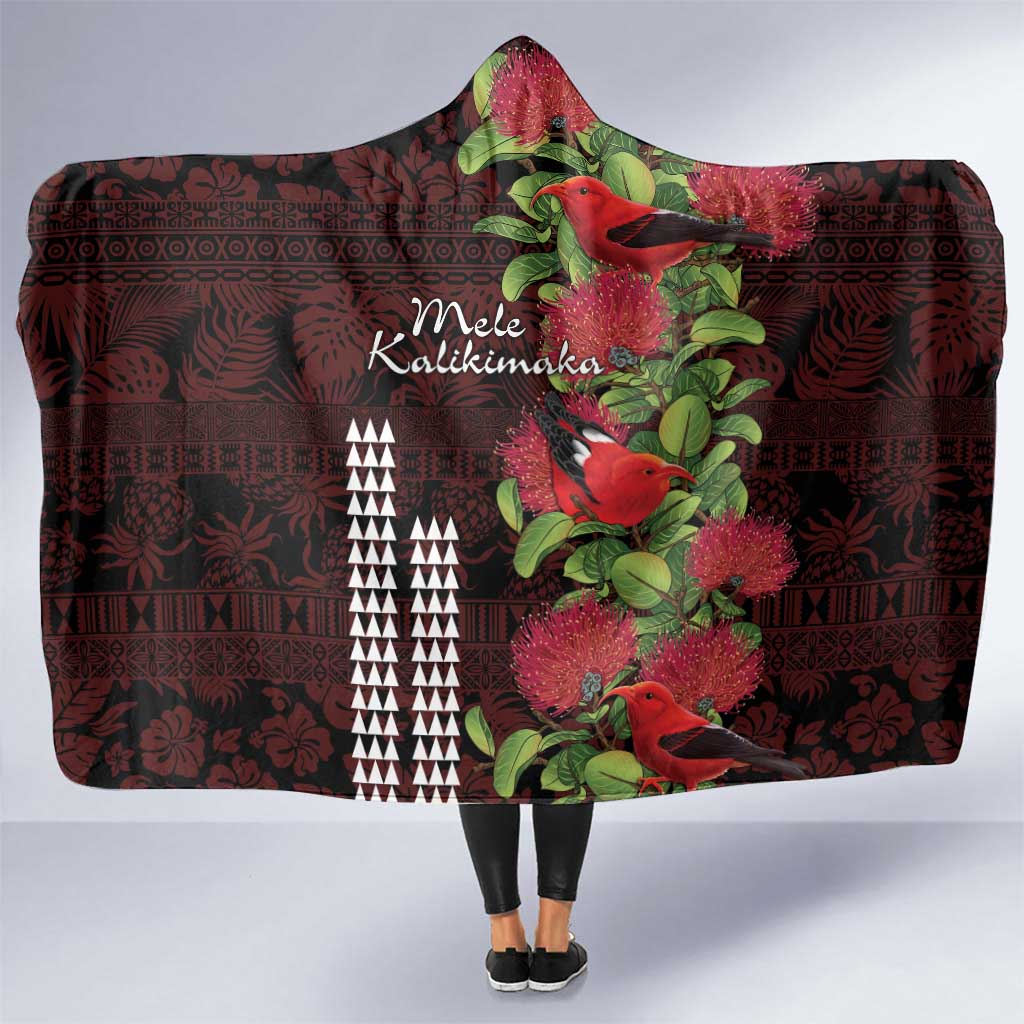 Hawaii Mele Kalikimaka Kakau Hooded Blanket I'iwi Bird on Ohia Lehua LT7 One Size Black Red - Polynesian Pride