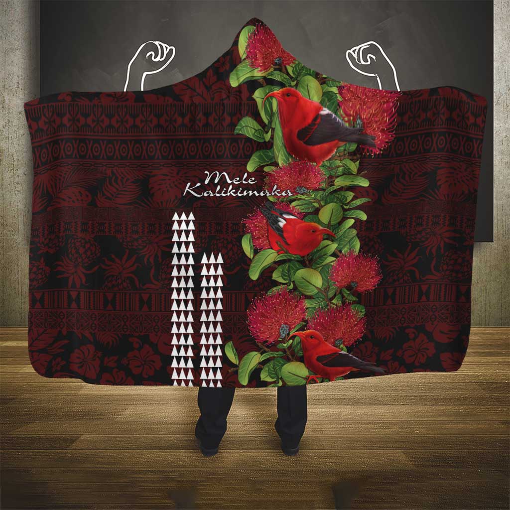 Hawaii Mele Kalikimaka Kakau Hooded Blanket I'iwi Bird on Ohia Lehua LT7 - Polynesian Pride
