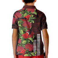 Hawaii Mele Kalikimaka Kakau Kid Polo Shirt I'iwi Bird on Ohia Lehua
