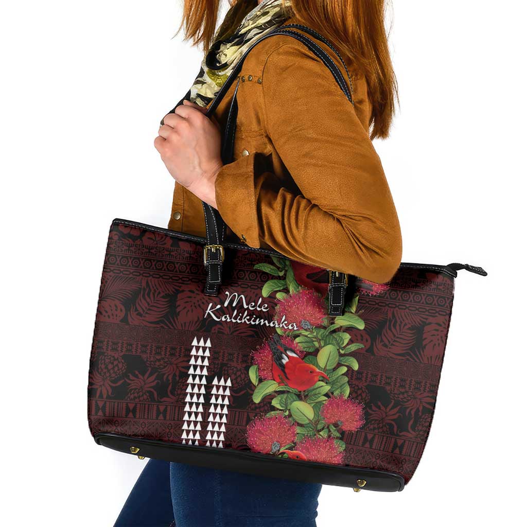 Hawaii Mele Kalikimaka Kakau Leather Tote Bag I'iwi Bird on Ohia Lehua LT7 Black Red - Polynesian Pride